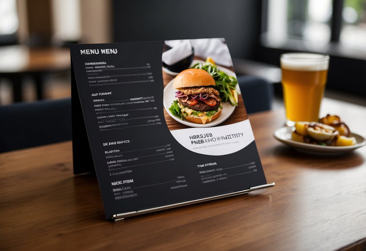A sleek, modern menu design sits on a wooden table, surrounded by stylish furniture. The layout is clean and organized, with clear headings for frequently asked questions