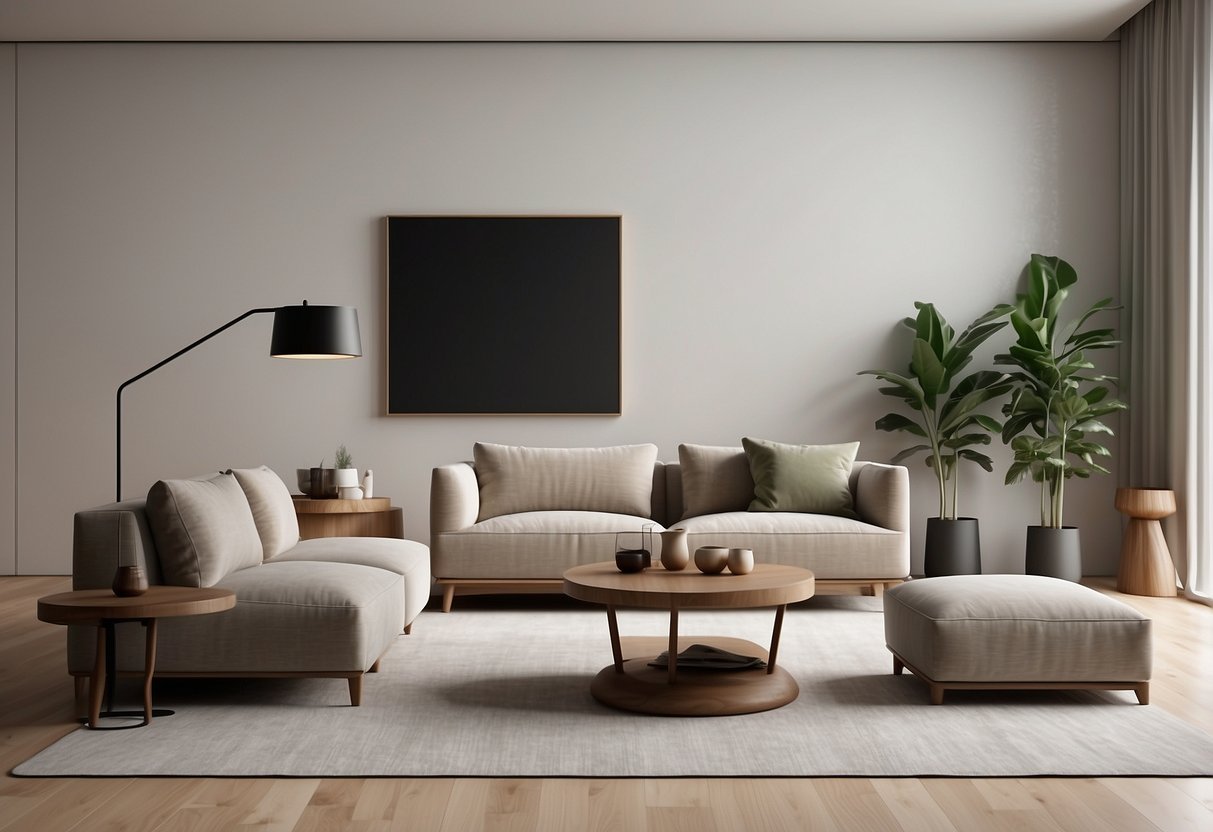 Sleek, minimalist furniture arranged in a bright, airy space. Clean lines and neutral colors create a contemporary feel. Online shopping tabs open on a laptop nearby