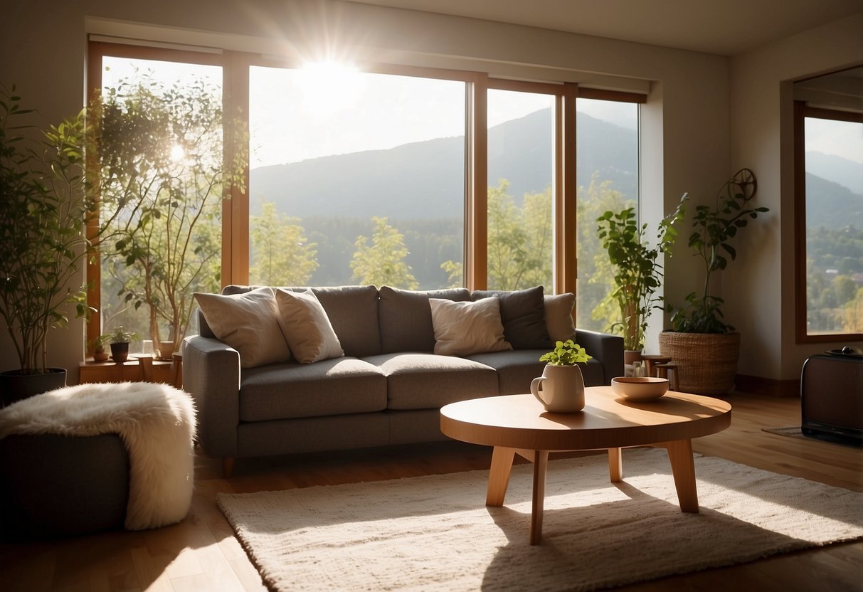 A cozy living room with a modern sofa and a wooden coffee table. Sunlight streams in through the window, casting a warm glow on the room