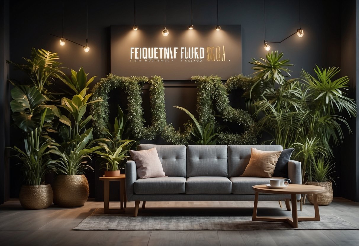 A room with modern furniture, plants, and a sign reading "Frequently Asked Questions lush furniture sg" displayed prominently