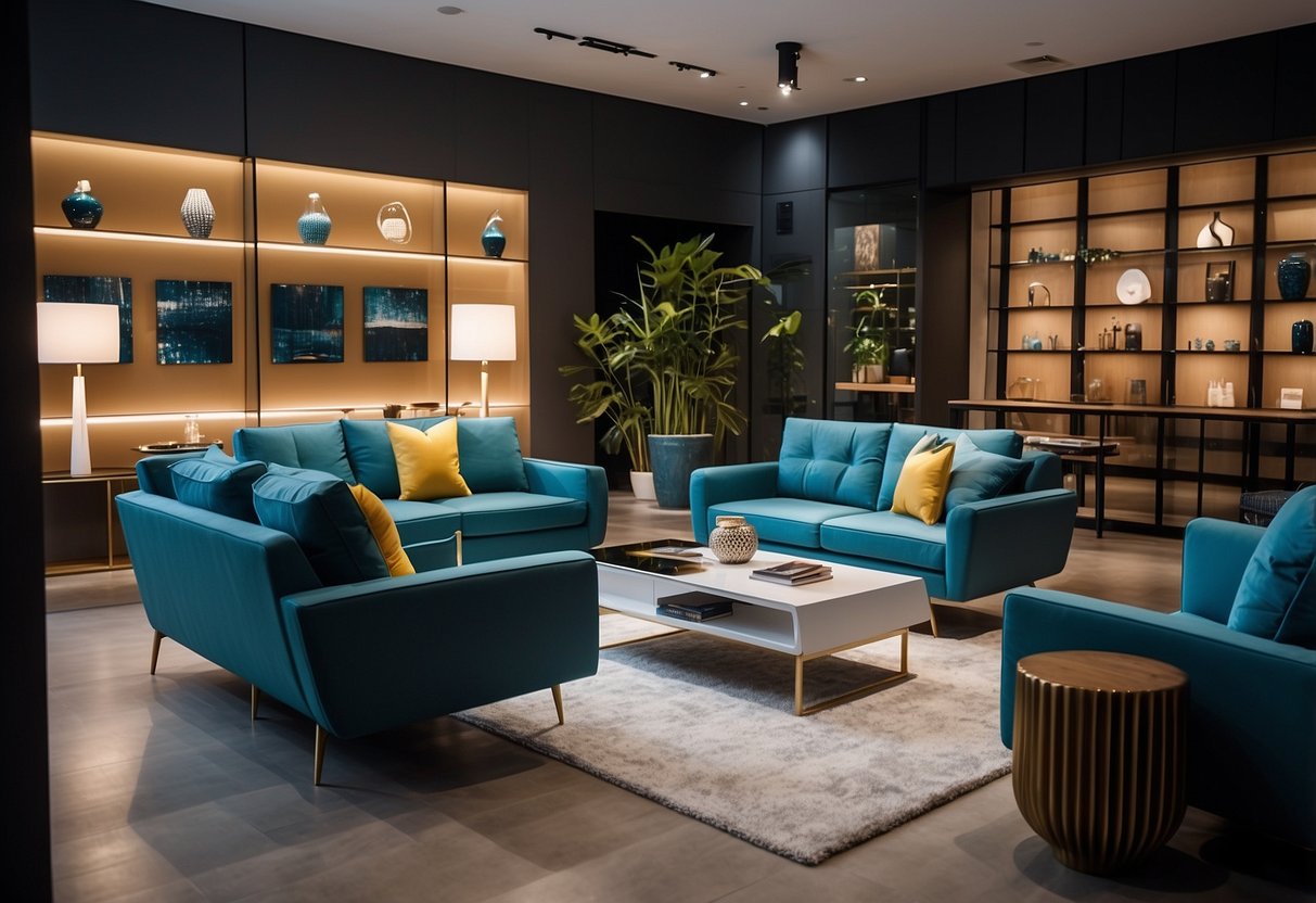 A modern showroom in Singapore displays sleek and stylish furniture from Rozel, with clean lines and vibrant colors