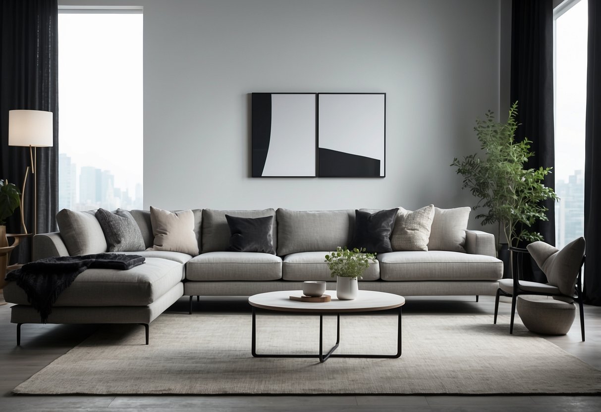 A modern living room with sleek, minimalist furniture arranged in a symmetrical layout. Clean lines and neutral colors create a sense of harmony and simplicity