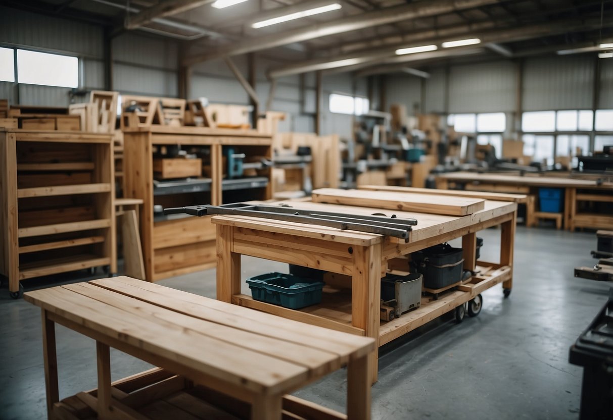 Sai Tow furniture being assembled with precision and care, tools and raw materials neatly arranged in a well-lit workshop