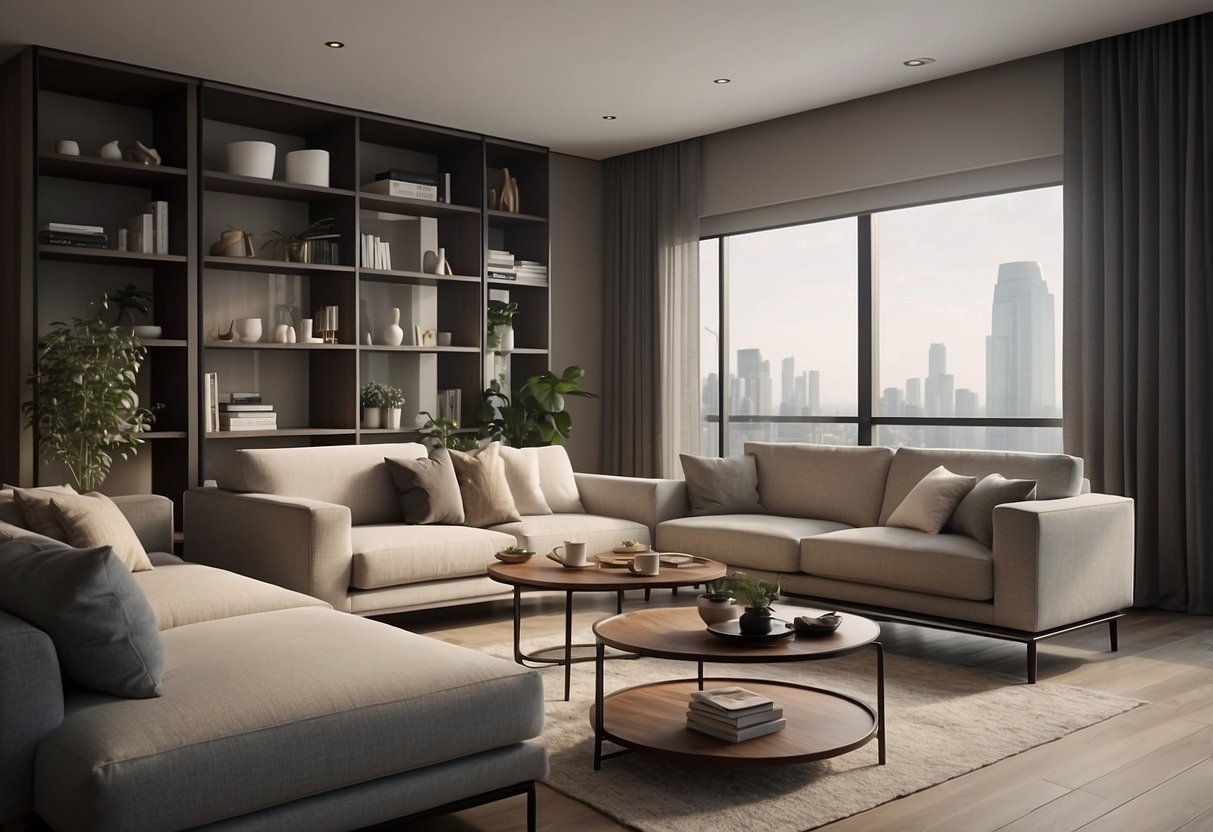 A modern living room with minimalist Inaku furniture, clean lines, and neutral colors. A cozy sofa, sleek coffee table, and elegant bookshelf complete the scene