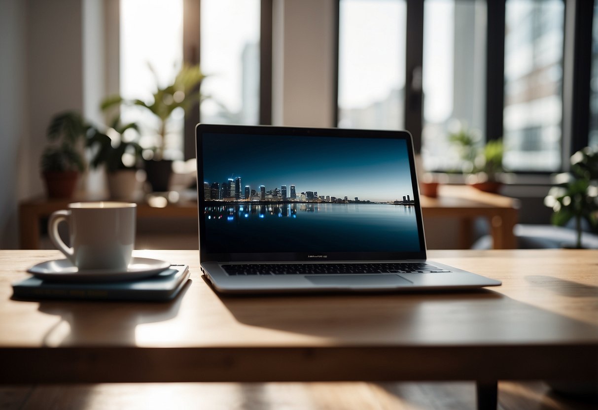 A laptop open on a desk, showing a website with various affordable modern furniture options. A comfortable chair sits nearby, with a cup of coffee and a notepad