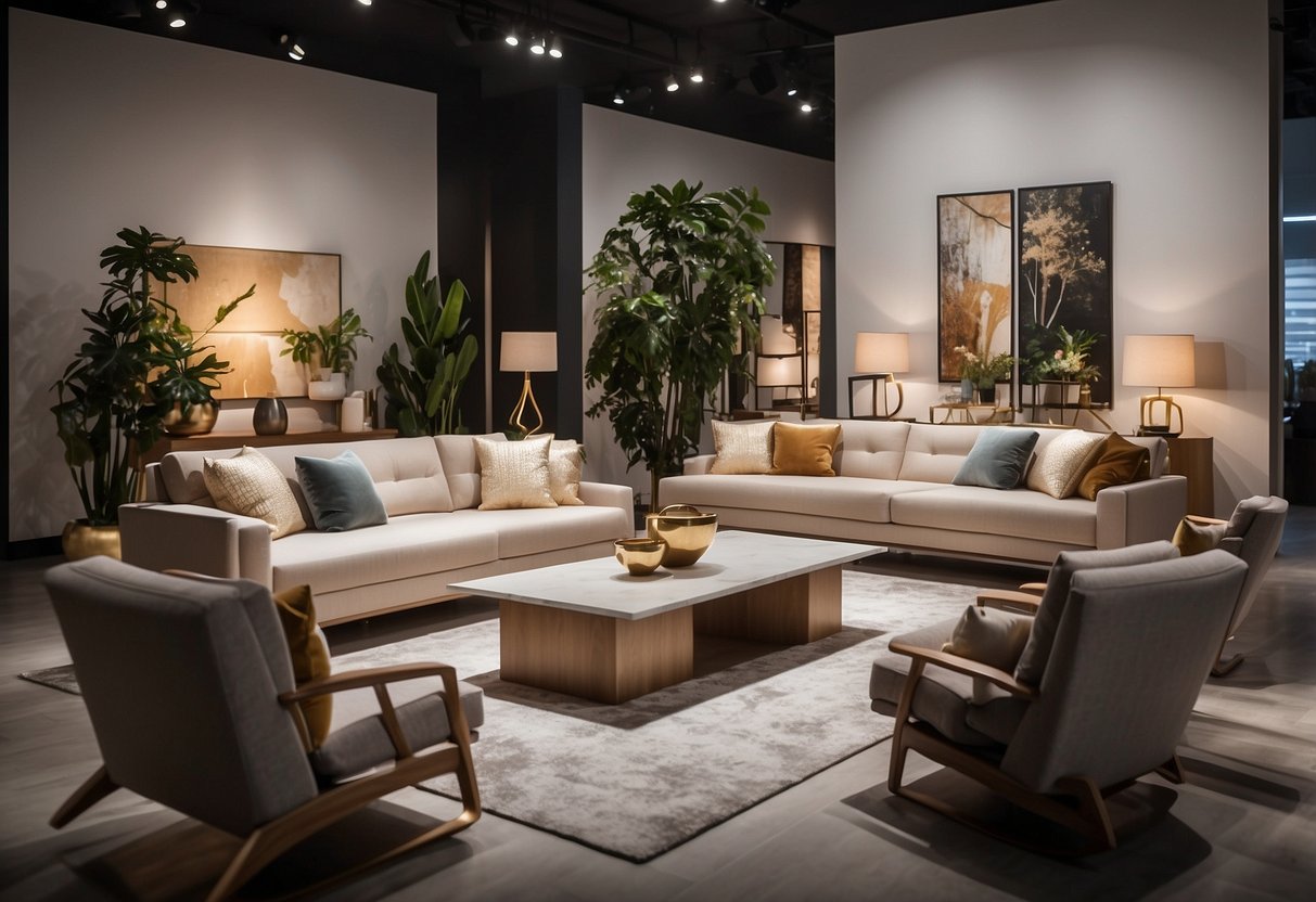 A modern showroom with sleek furniture displays and ambient lighting at Rozel Furniture in Singapore