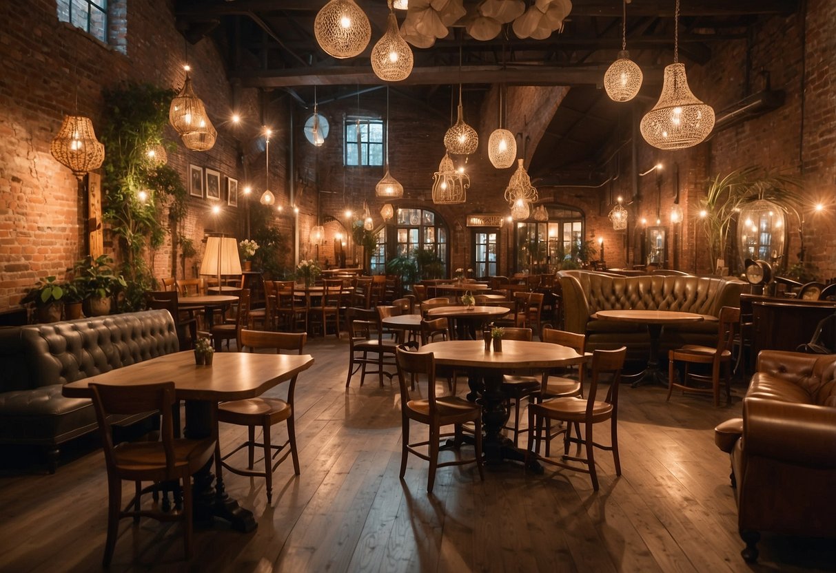 An eclectic mix of vintage chairs and tables fill the cozy space, each piece exuding its own character and history. The warm glow of the overhead lights highlights the intricate details of the furniture, inviting visitors to explore and discover the charm of each unique collection