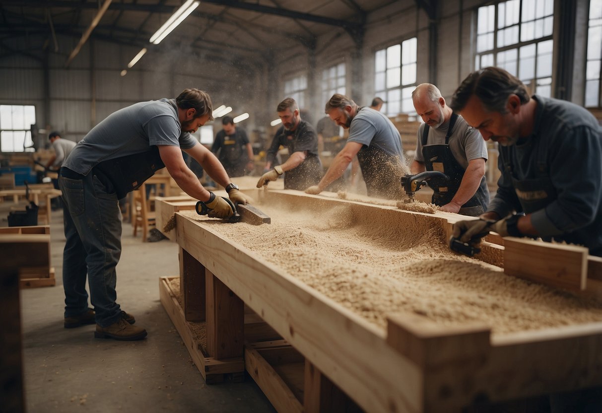 A bustling workshop with sawdust in the air, workers assembling wooden furniture with precision tools and machinery