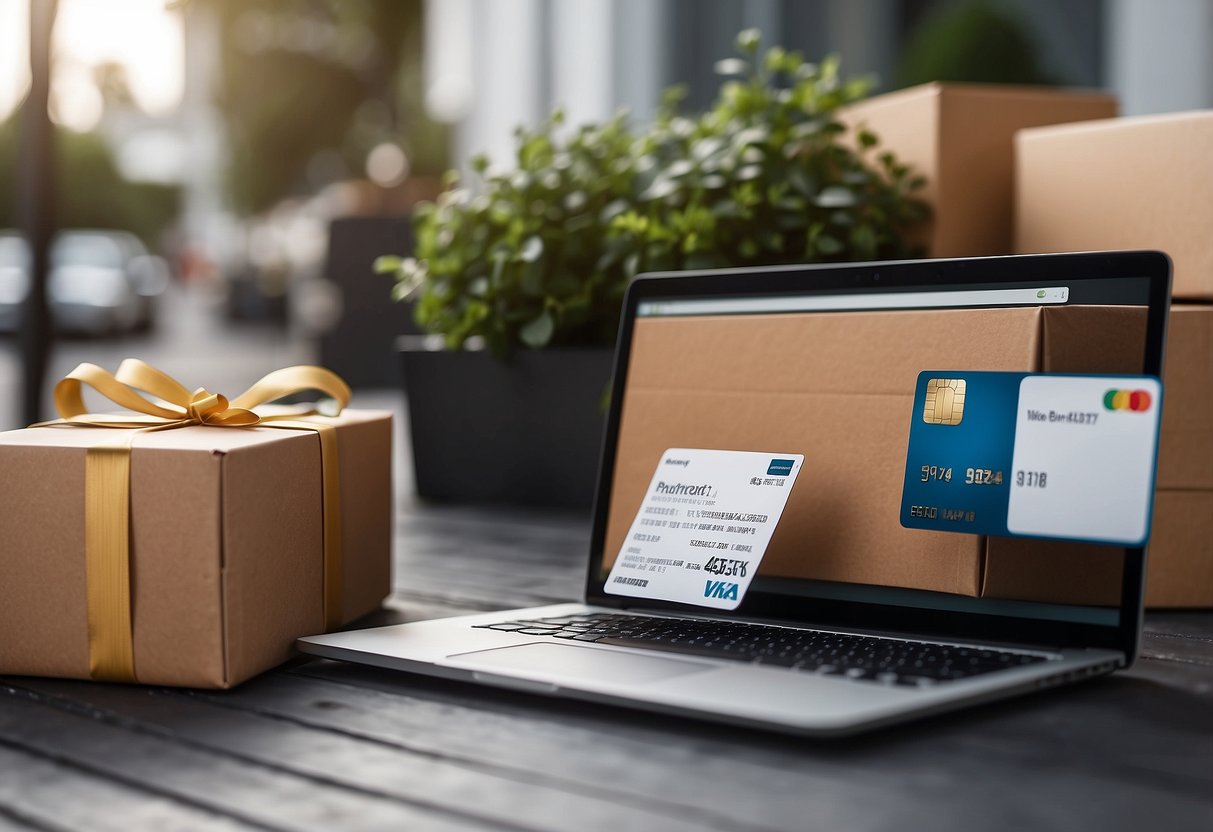 A laptop displaying a variety of modern furniture options, a credit card, and a smiling customer receiving a package at their doorstep