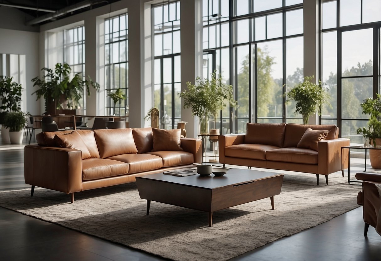 A spacious showroom displays a variety of modern and elegant furniture pieces, arranged in tasteful vignettes, with natural light streaming in through large windows