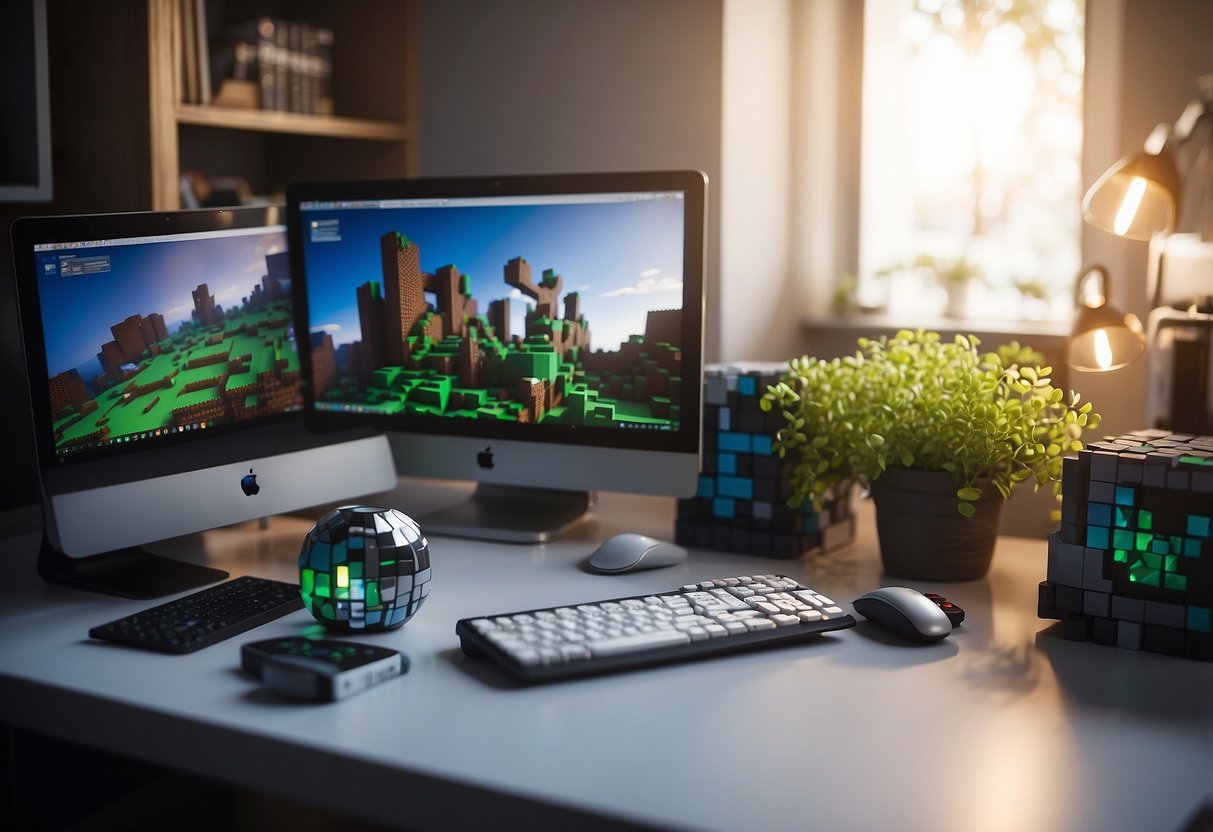 A desk with a computer and pixelated accessories, a bed with block-patterned bedding, and shelves filled with Minecraft-themed decor