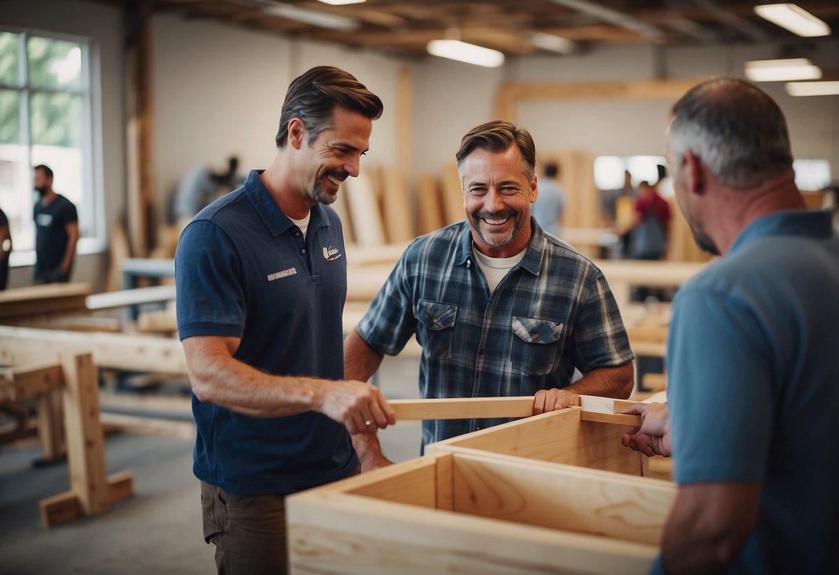 A customer smiles while a furniture construction team assists with assembling a new piece, showcasing exceptional service and customer experience