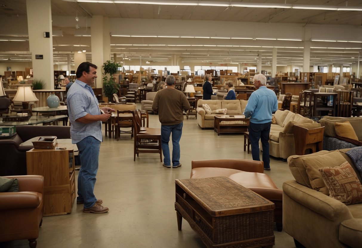 Customers browse and purchase furniture at Habitat Restores. Others donate items at the donation center. The store is bustling with activity