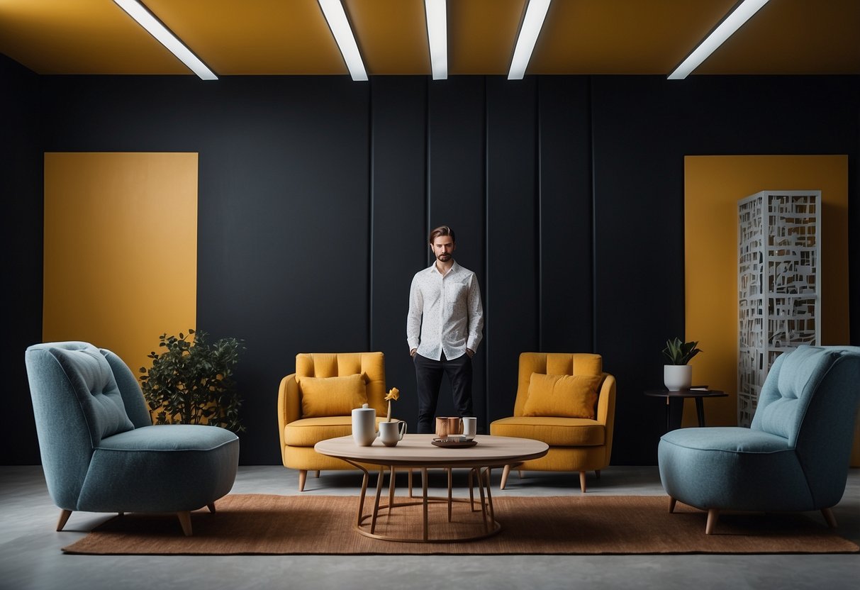 A person standing in front of two contrasting furniture sets, contemplating their decision