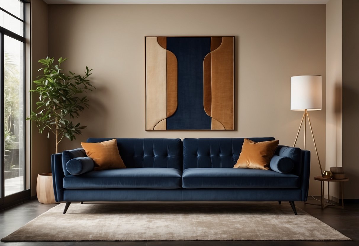 A modern, sleek sofa in rich navy blue, with clean lines and plush velvet upholstery, set against a backdrop of warm, earthy tones