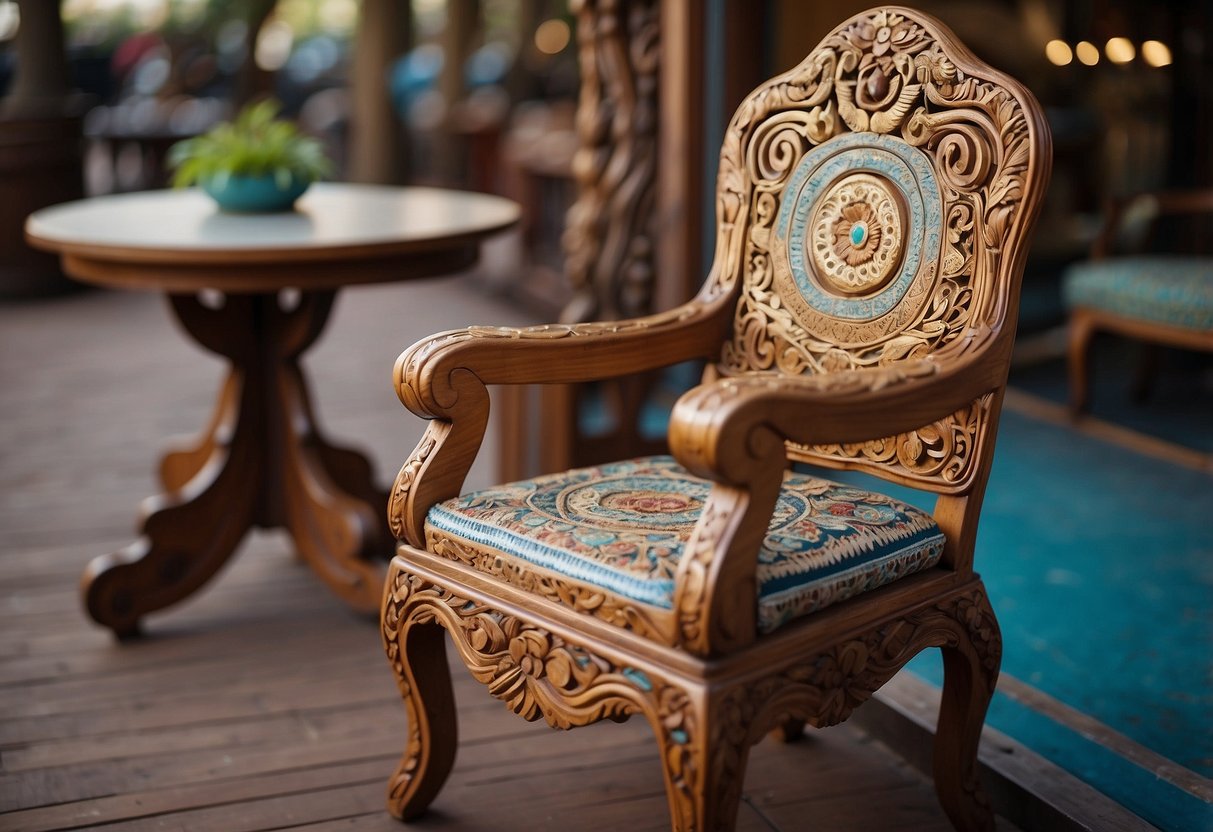 An intricately carved wooden chair sits beside a handcrafted table with ornate designs, both adorned with vibrant colors and patterns