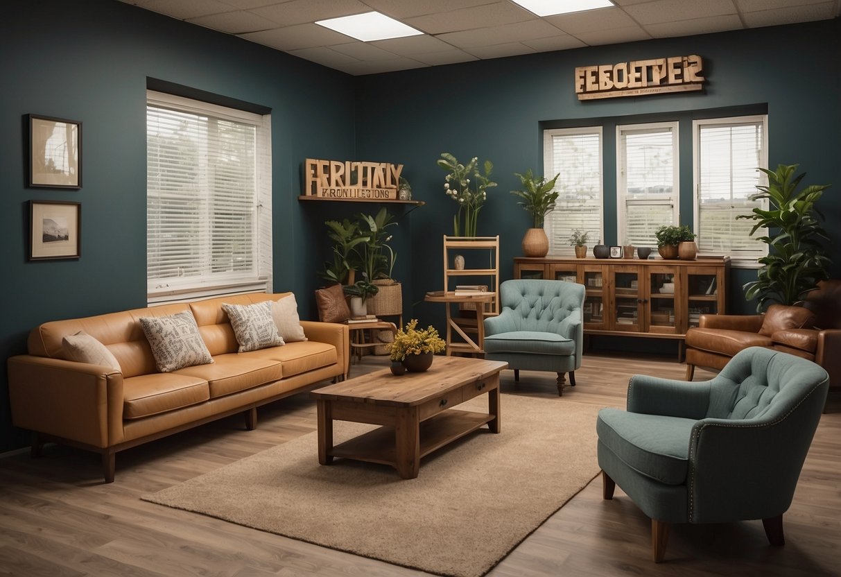 A room filled with various types of furniture, with a sign that reads "Frequently Asked Questions" prominently displayed