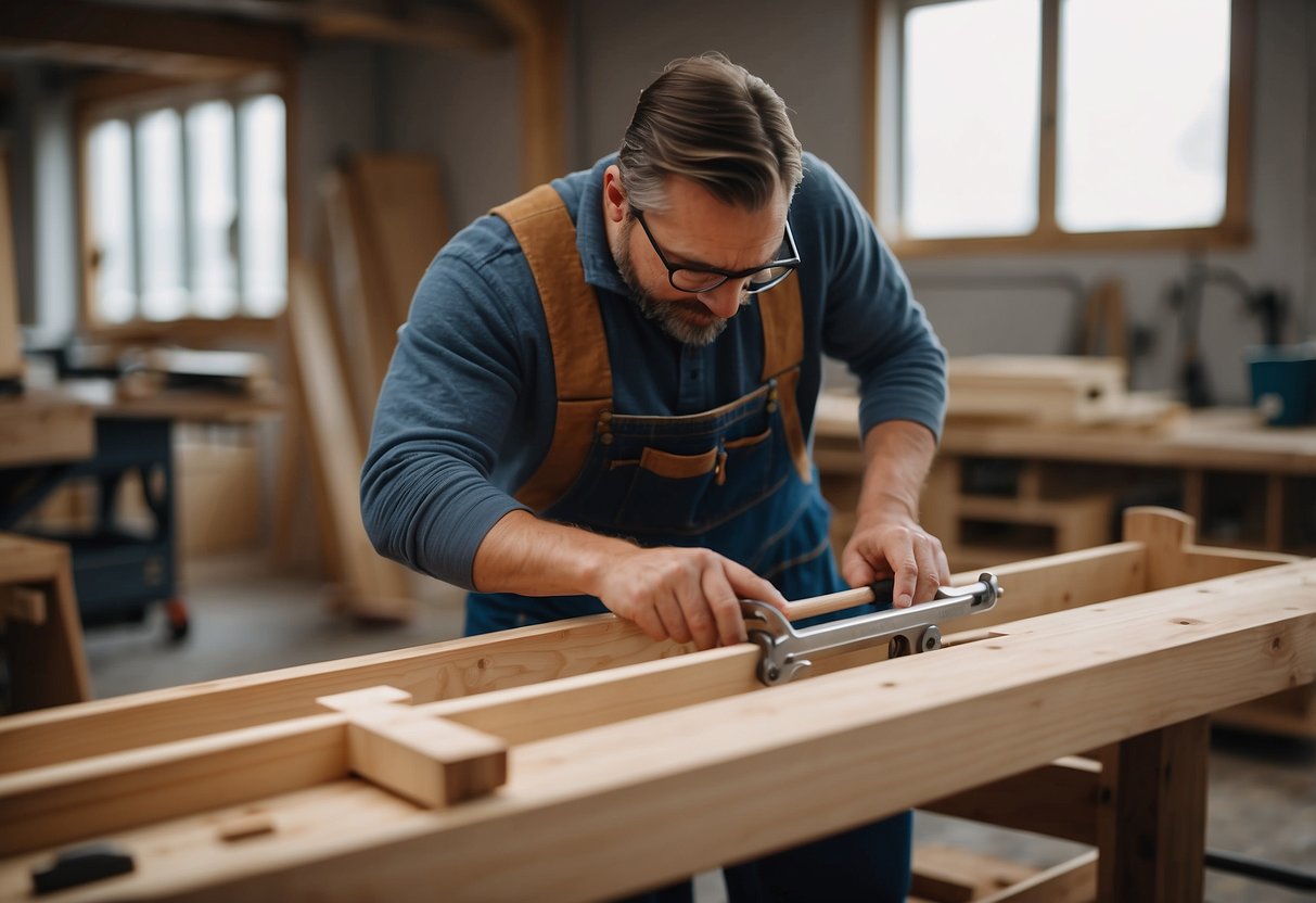 A carpenter assembles a piece of furniture using tools and following instructions. Wood pieces are carefully joined and secured together