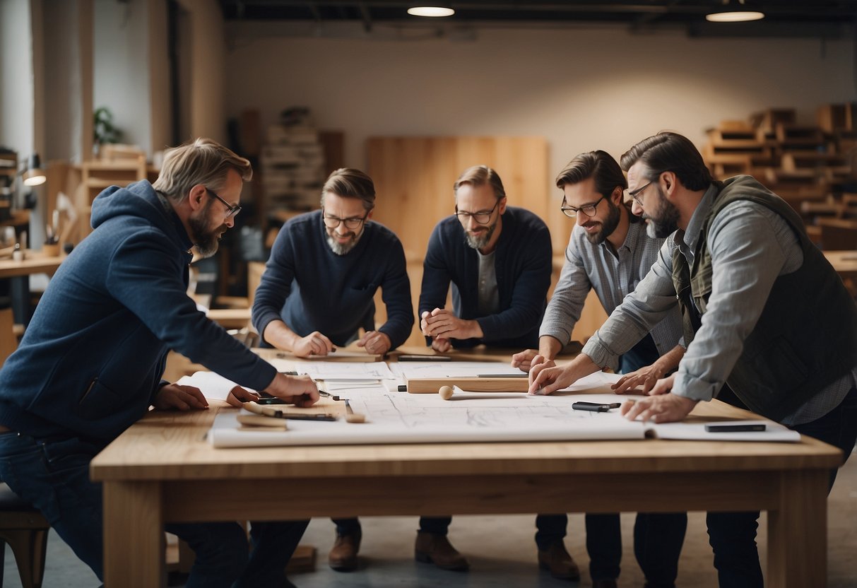 A group of designers and craftsmen gather around a table, exchanging ideas and sketches. Tools and materials are scattered around, reflecting the collaborative and hands-on approach of Inaku furniture's design philosophy