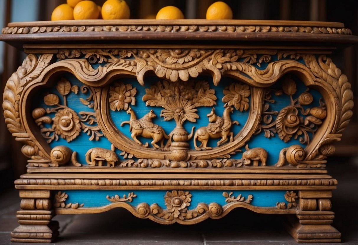 Vibrant colors and intricate carvings adorn the ornate wooden furniture, showcasing the rich tradition and craftsmanship of Indian design