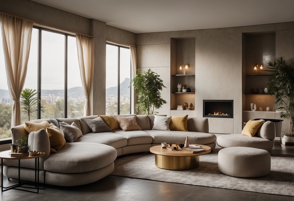 A modern living room with a sleek SB Furniture sofa as the focal point, surrounded by neutral-colored decor and soft lighting
