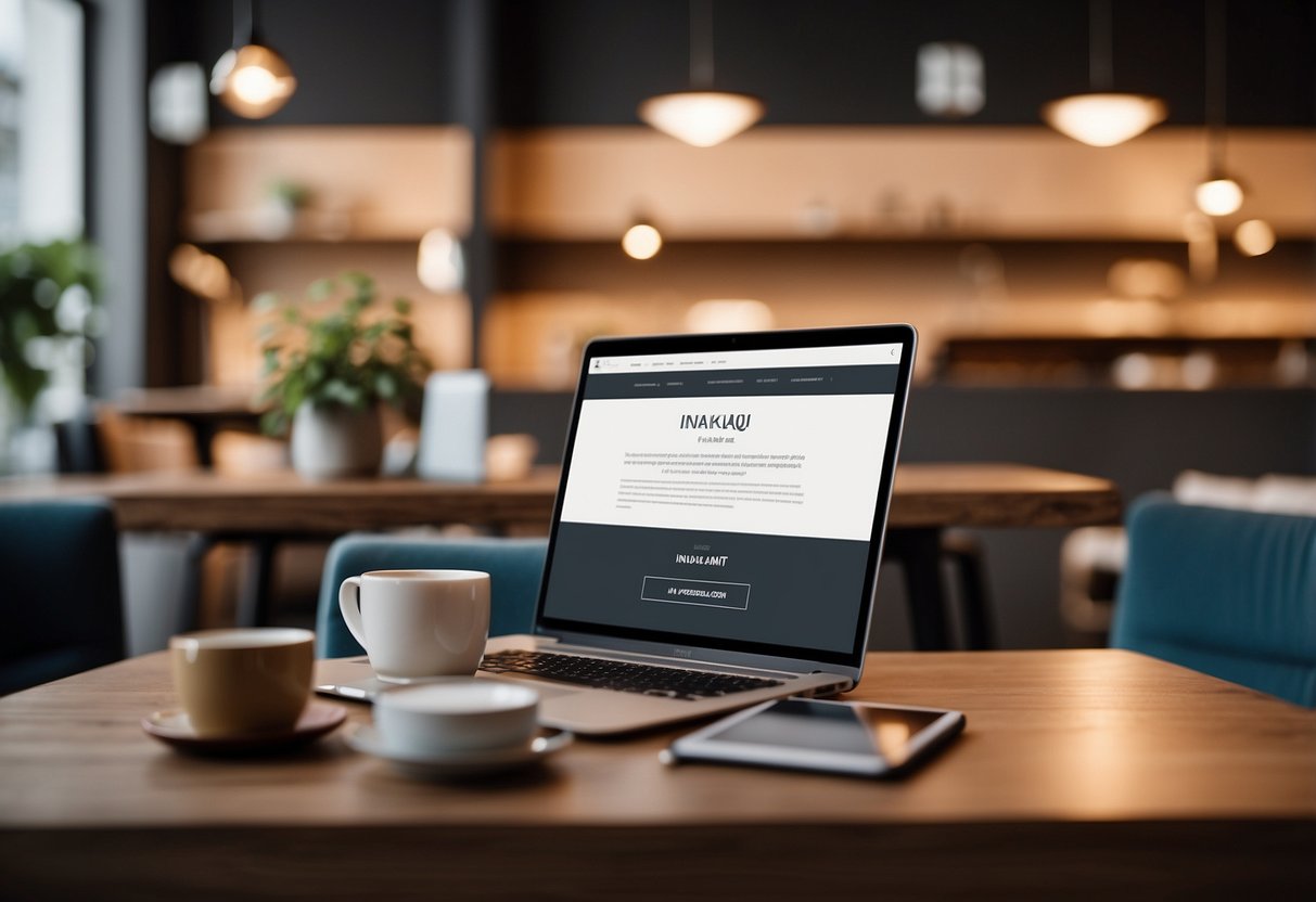 A customer browsing through a list of FAQs on Inaku furniture website, with a laptop open and a cup of coffee nearby