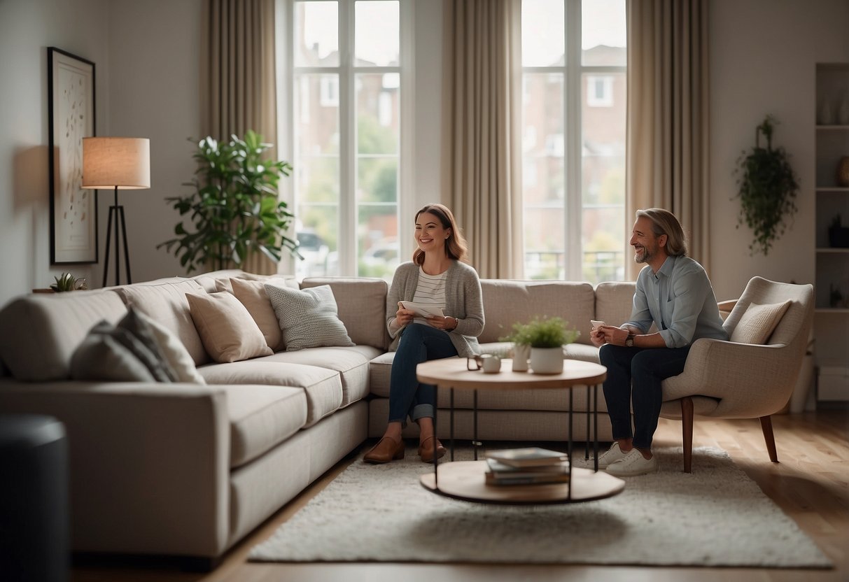 A cozy living room with elegant furniture, soft lighting, and a welcoming atmosphere. A customer smiles while receiving exceptional service from a friendly staff member