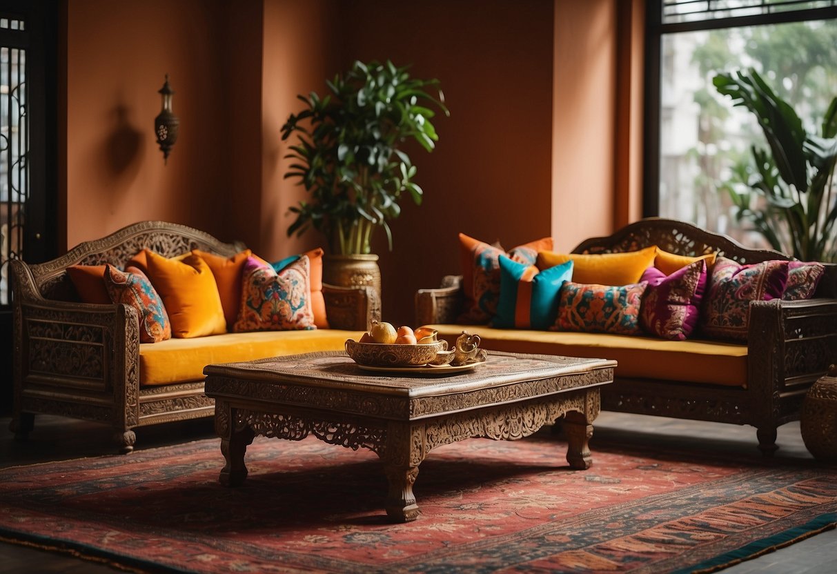 A living room with vibrant Indian crafted furniture, featuring intricate carvings and bold colors. A handwoven rug lies beneath a carved wooden coffee table, adorned with brass accents. Richly patterned cushions rest on a plush sofa, creating a warm