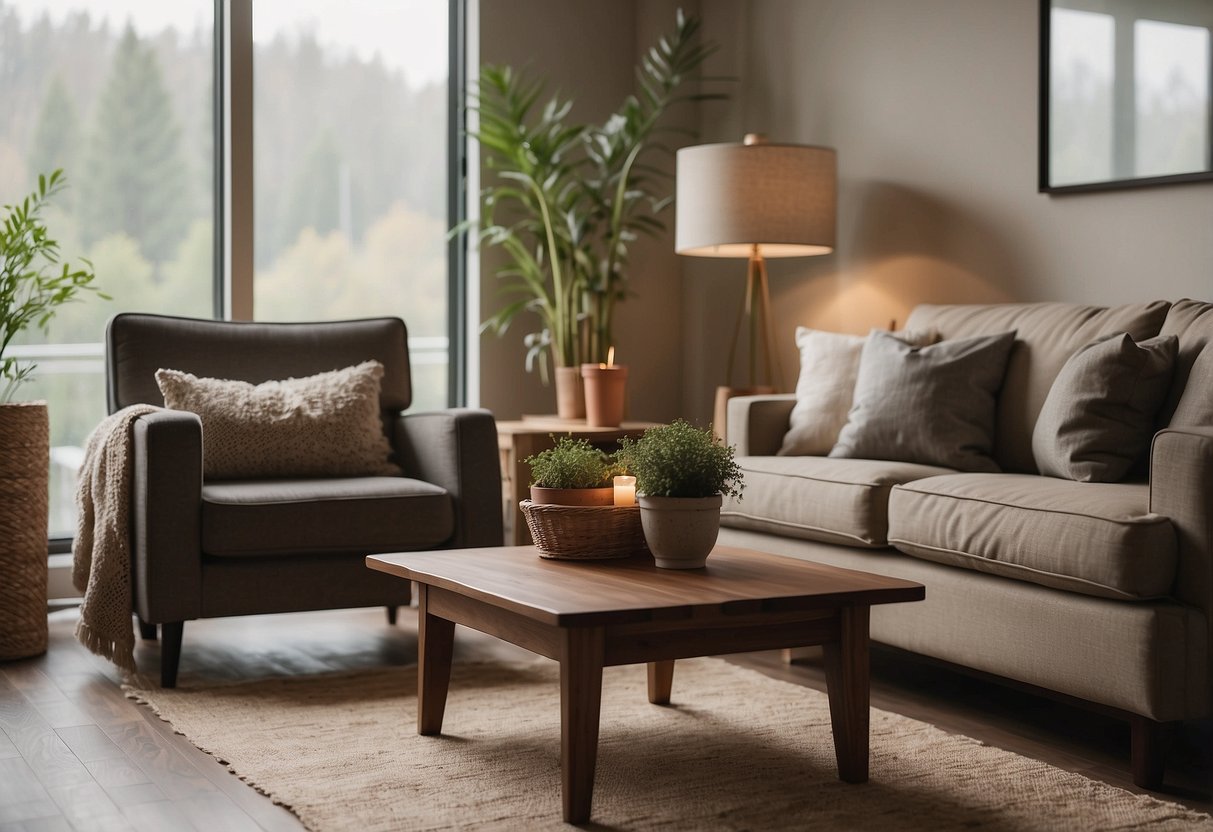 A cozy living room with a modern, yet rustic charm. Two comfortable chairs sit next to a small table, adorned with a charming lamp. The room is filled with warm, natural light, creating a welcoming and inviting atmosphere