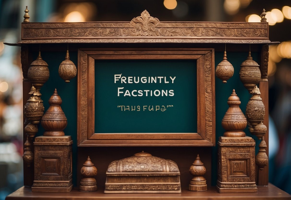A display of intricately carved Indian furniture with a sign reading "Frequently Asked Questions" in a bustling market setting