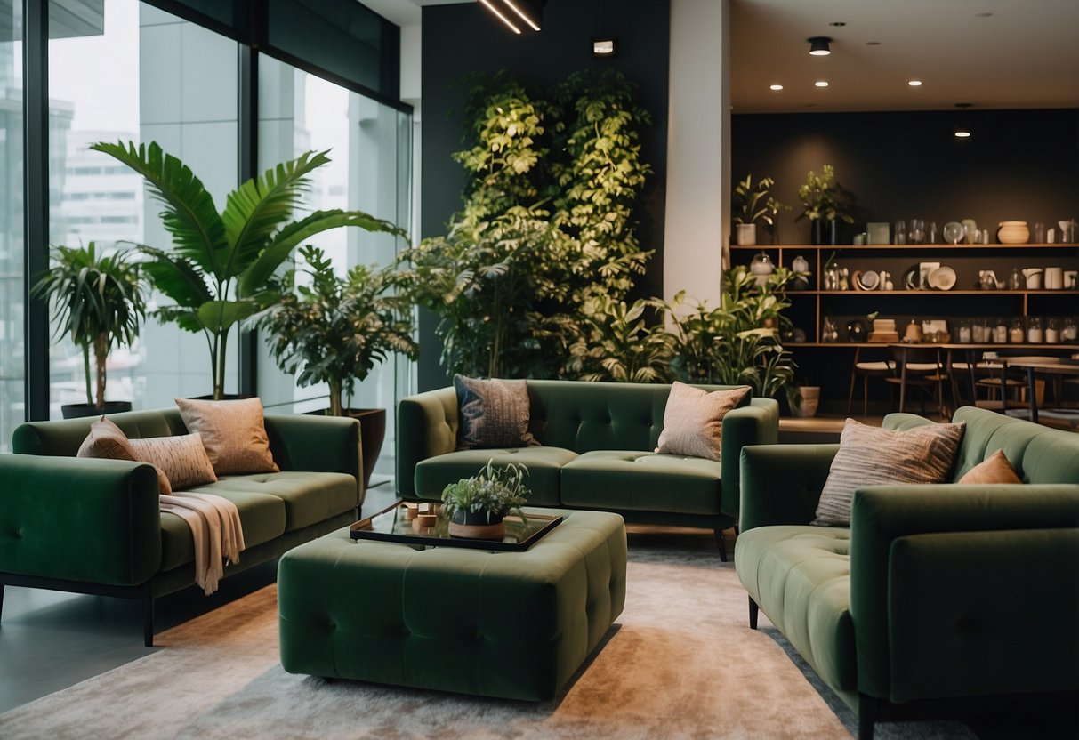 A cozy, modern furniture shop in Singapore with vibrant green decor and sleek designs