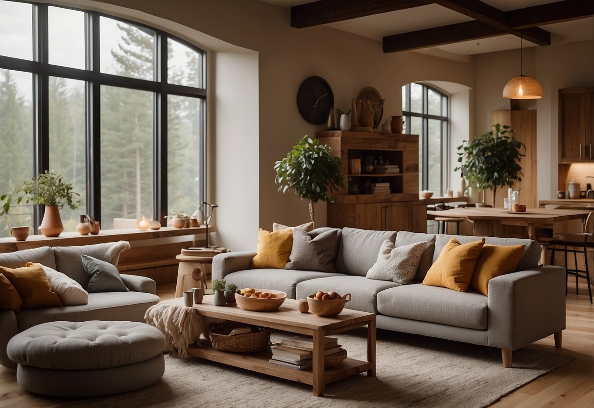 A cozy living room with a mix of wooden and upholstered modern country style furniture, soft lighting, and a warm color palette