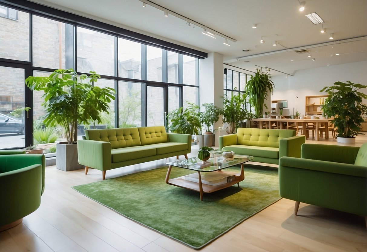 A bright, airy showroom filled with eco-friendly furniture in various shades of green. Sustainable materials and modern designs create a welcoming space
