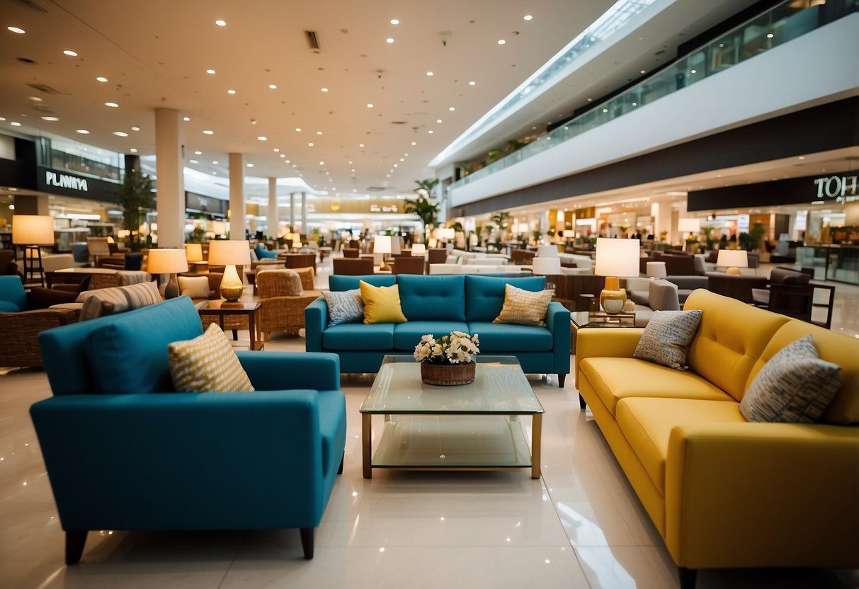 The Toh Guan furniture mall bustles with shoppers browsing displays and testing out comfortable chairs and sofas. Bright lights illuminate the spacious showroom, highlighting the wide variety of furniture on offer