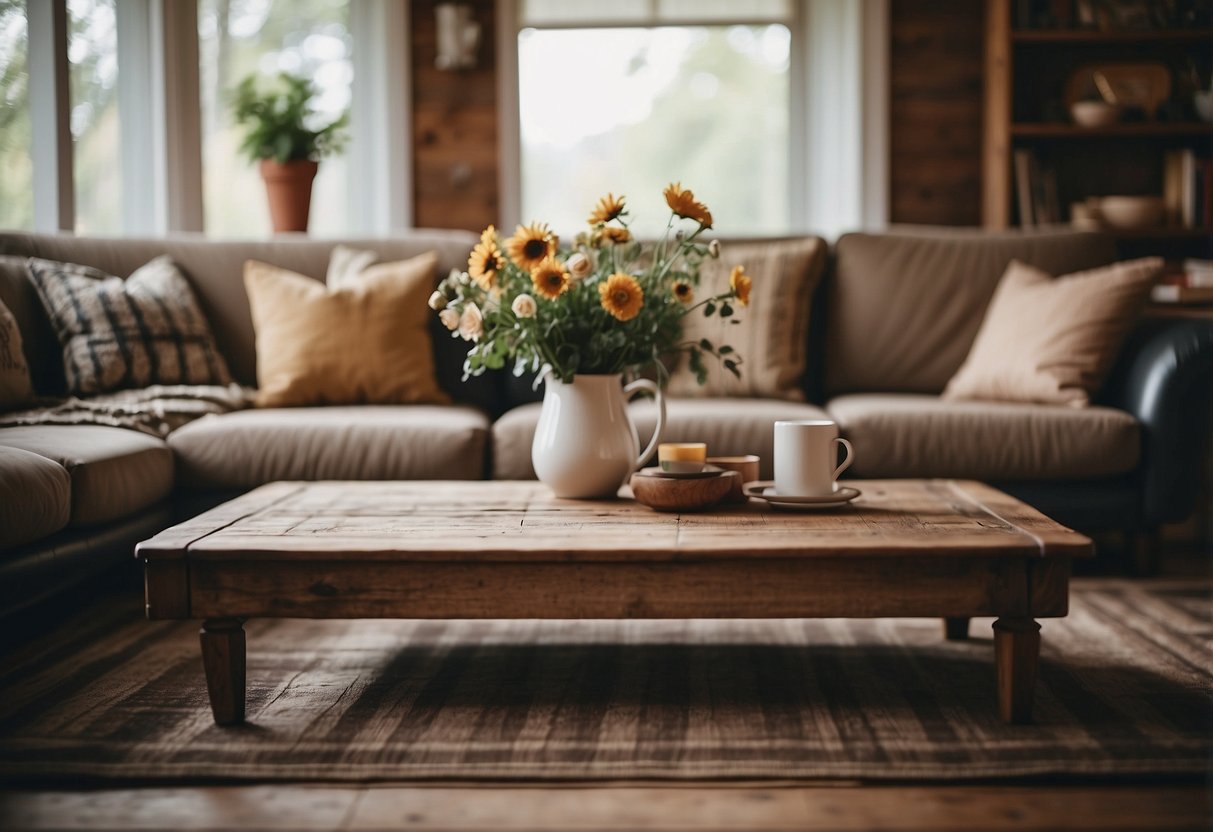 A cozy living room with a distressed wood coffee table, a plaid upholstered sofa, and a vintage-inspired floral rug