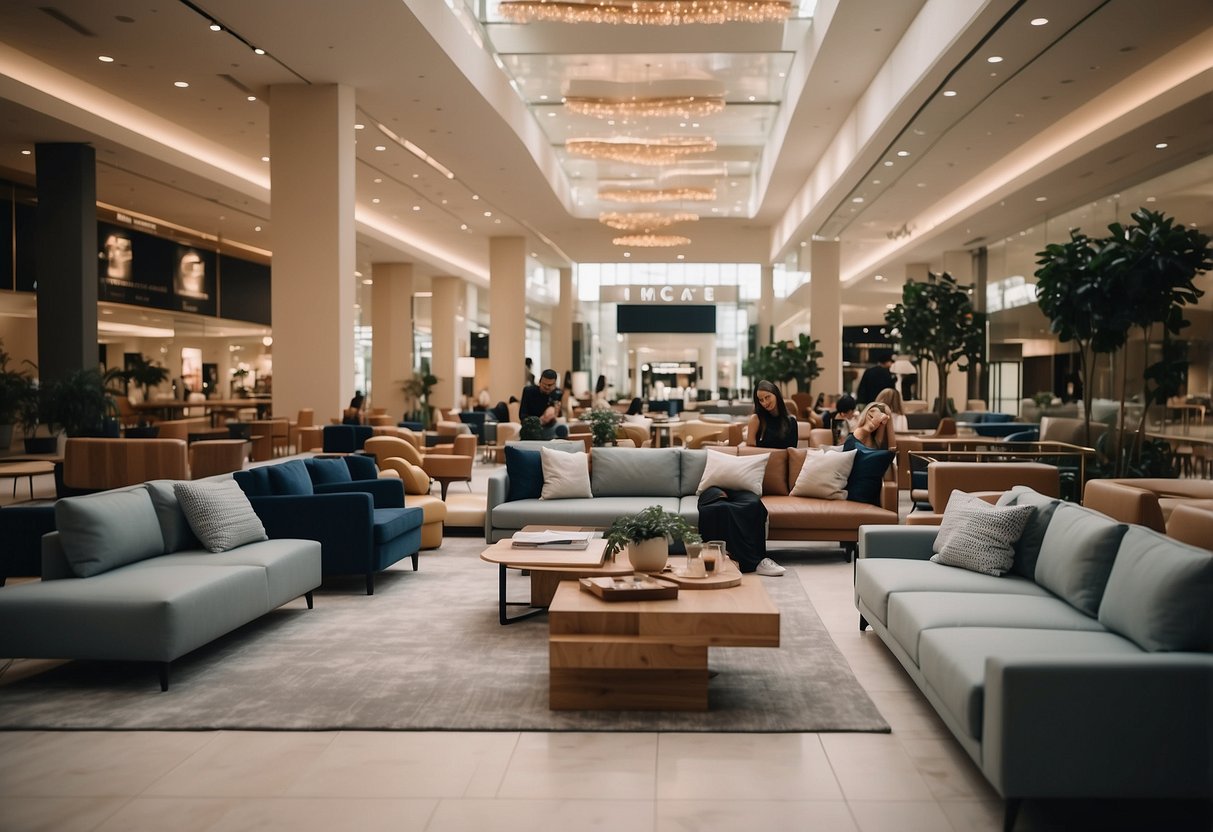 Customers browsing furniture in spacious mall with natural lighting and modern displays