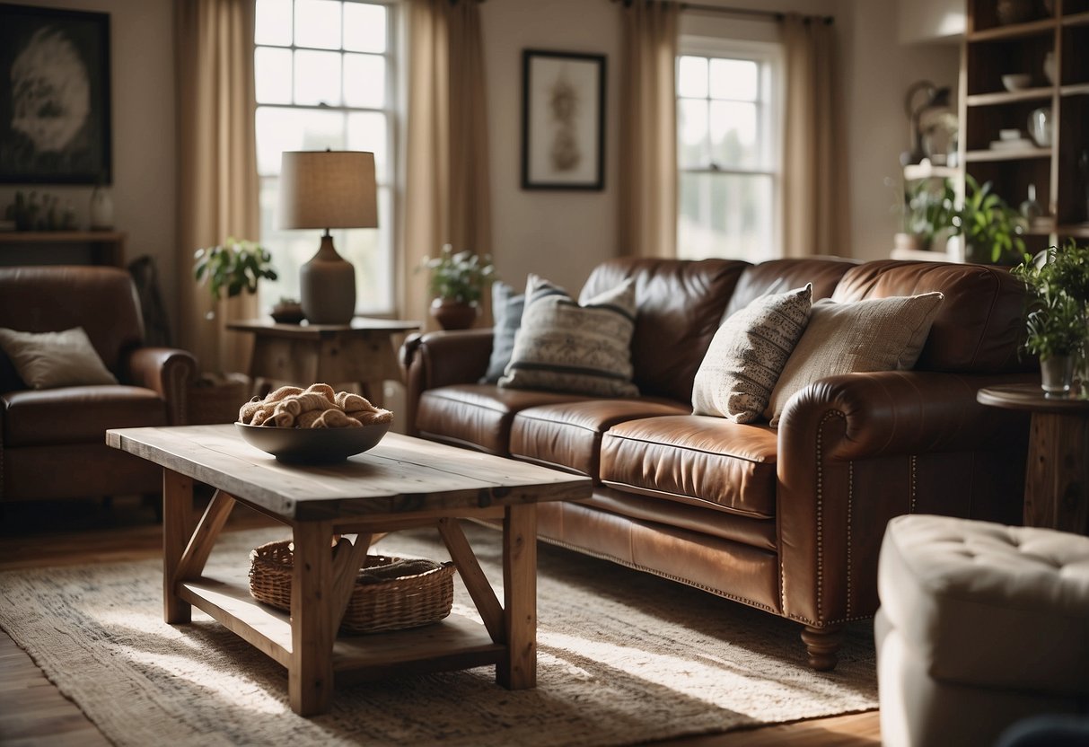 A cozy living room with a mix of modern and country furniture, featuring a sleek sofa, rustic wooden coffee table, and a vintage-inspired armchair