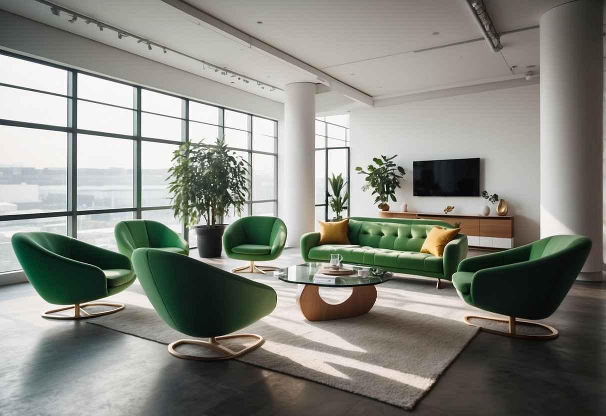 A bright, modern showroom with sleek green furniture displayed against a backdrop of white walls and natural light
