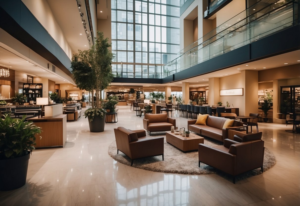 The furniture mall features a variety of amenities and services, including a spacious showroom, customer service desk, delivery and assembly area, and a cozy café