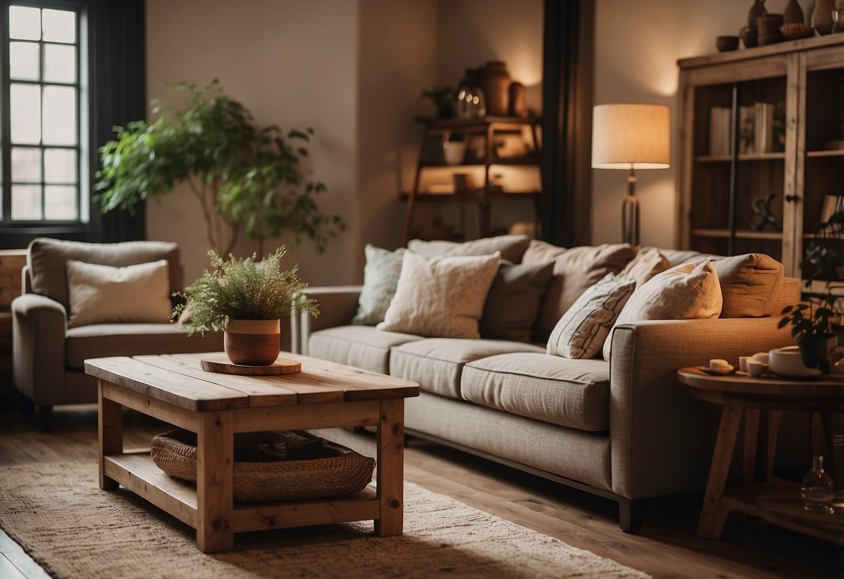A cozy living room with rustic wooden furniture, soft earthy tones, and natural textures. A large, comfortable sofa sits in the center, surrounded by vintage-inspired decor and warm lighting