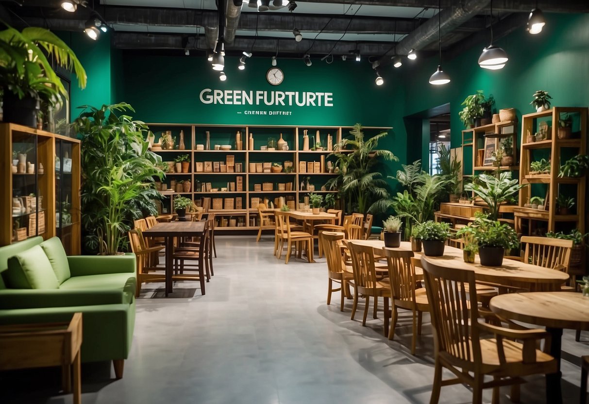 The green furniture shop in Singapore is bustling with customers browsing through the beautifully crafted wooden chairs and tables. The vibrant green walls and natural lighting create a warm and inviting atmosphere