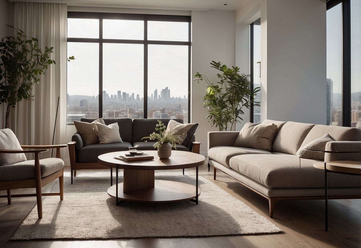A sleek, minimalist living room with contempo furniture and clean lines. A modern sofa, coffee table, and floor lamp create a stylish and inviting space
