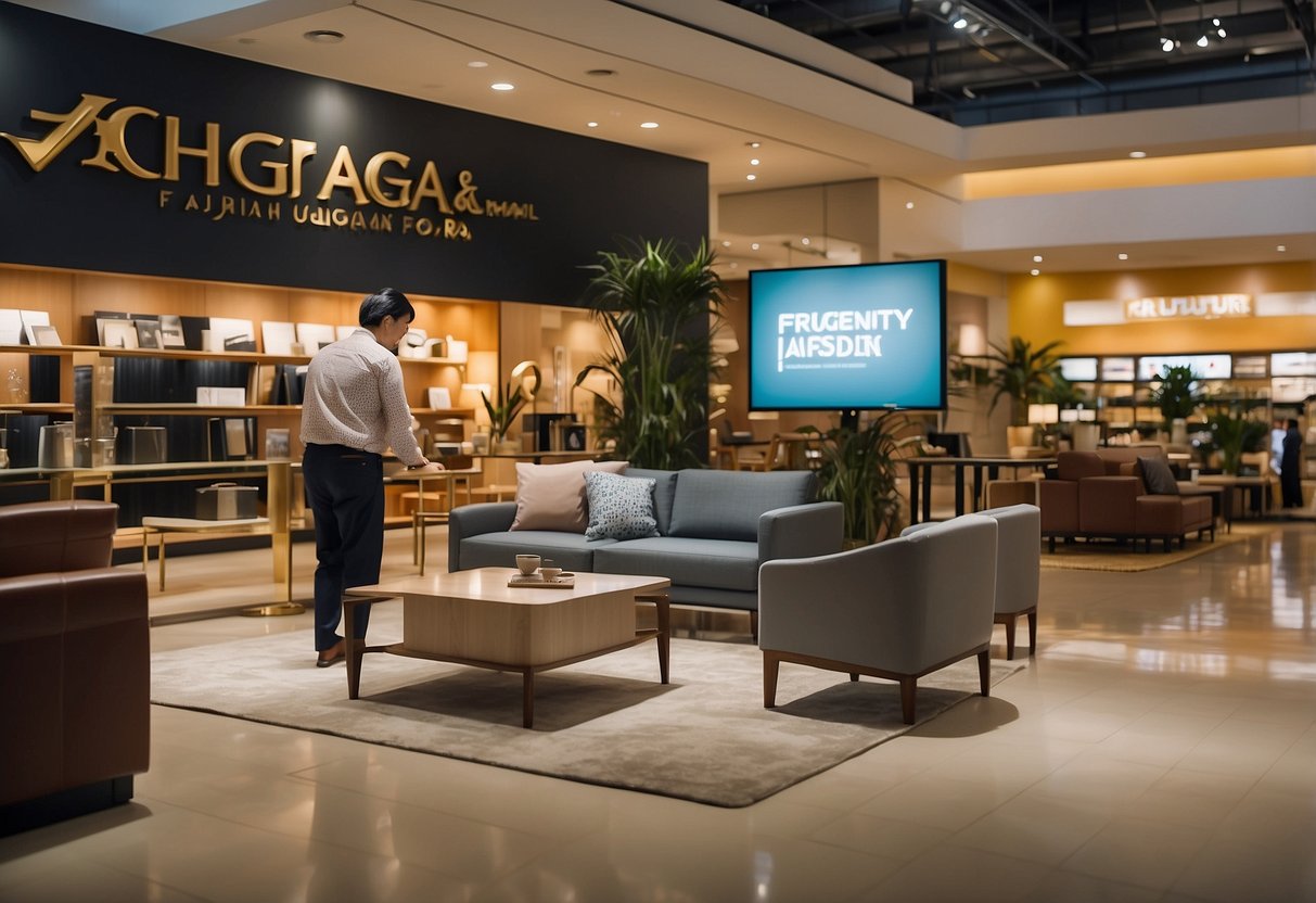 Customers browsing through furniture displays in Toh Guan furniture mall, with a sign reading "Frequently Asked Questions" visible