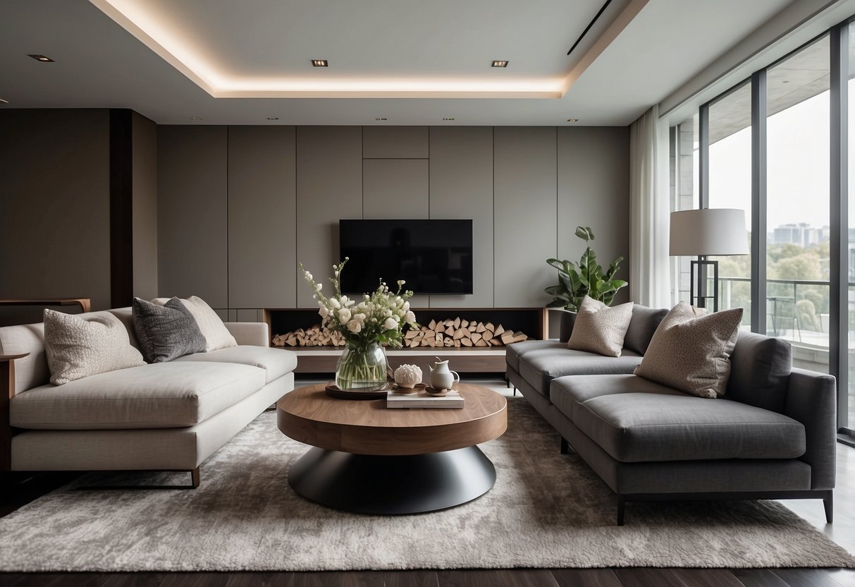A modern living room with sleek, minimalist furniture, clean lines, and neutral colors. A large sofa and coffee table anchor the space, with accent chairs and a statement rug adding visual interest
