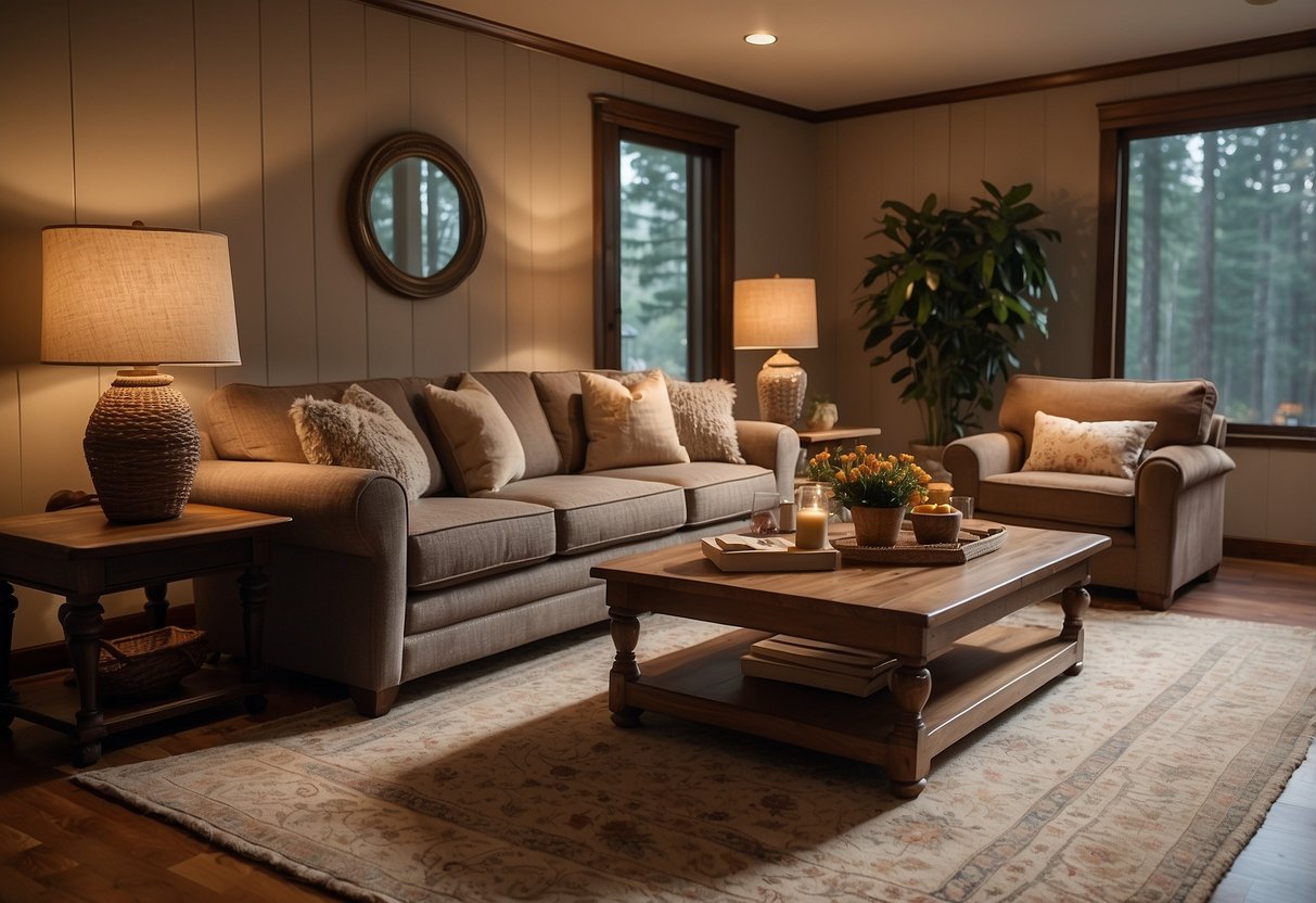 A cozy living room with a jasper furniture set, including a coffee table, sofa, and armchair, surrounded by warm lighting and a plush rug