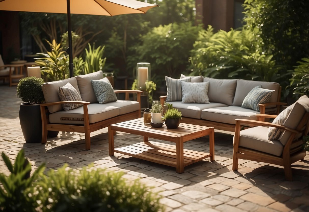 Ironwood outdoor furniture arranged on a sunny patio with lush greenery in the background