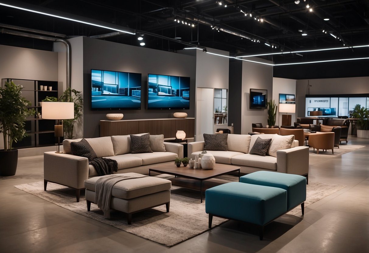 A modern furniture showroom with FAQs displayed on digital screens and printed materials. Clean, minimalist design with sleek furniture pieces