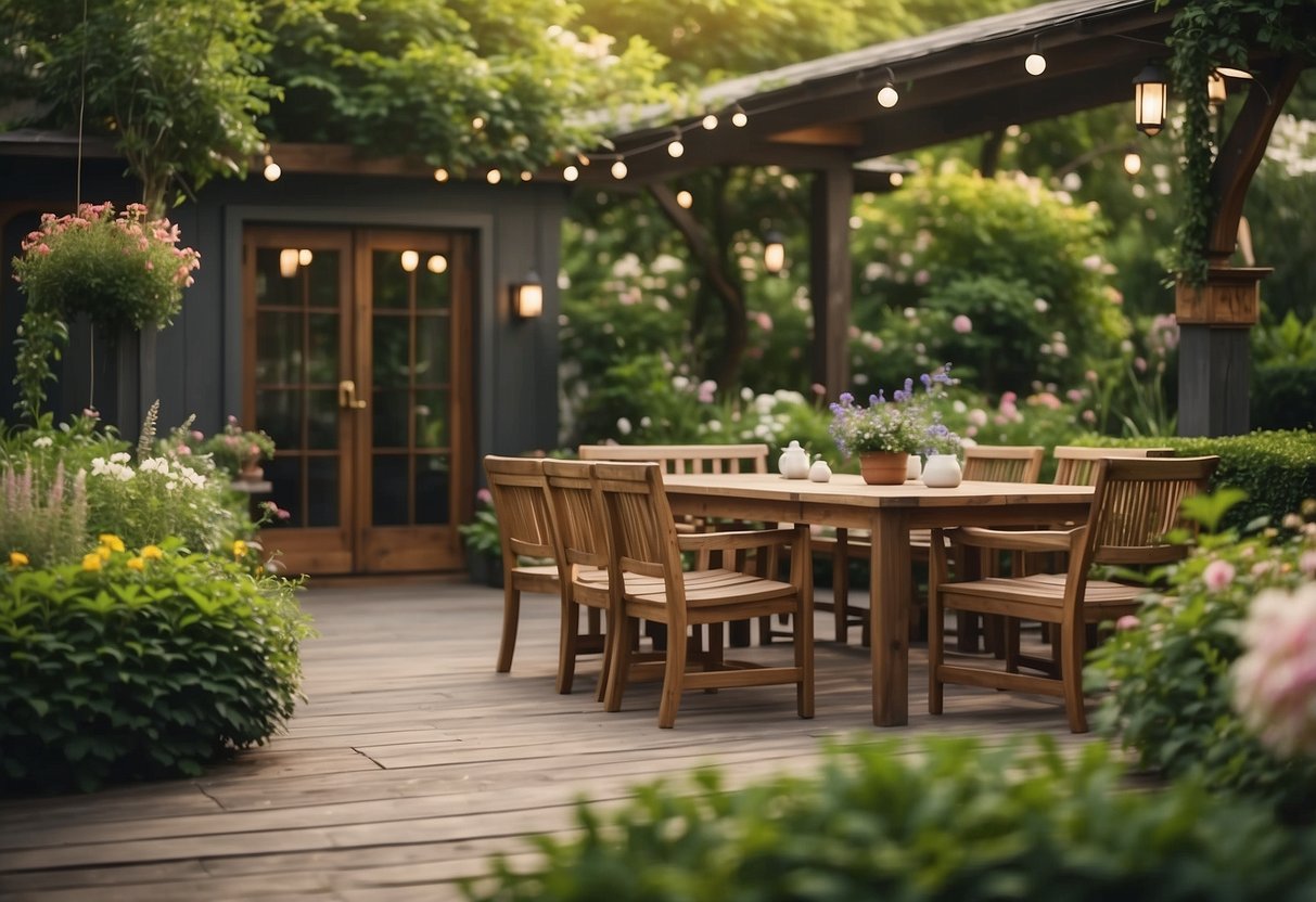 A serene garden setting with Ipe wood furniture, surrounded by lush greenery and blooming flowers, creating a tranquil and inviting outdoor space