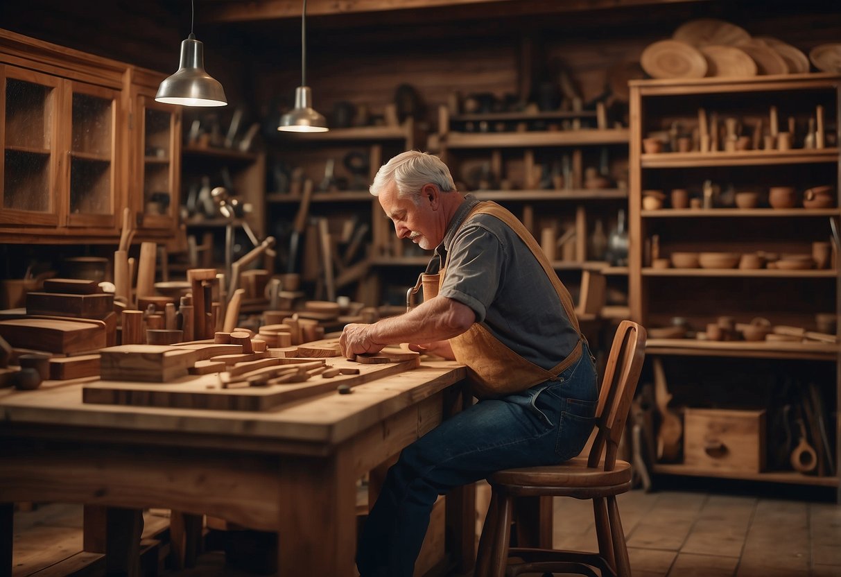 A craftsman carefully carves intricate designs into a rich mahogany table, surrounded by shelves of handcrafted wooden chairs and cabinets. The workshop is filled with the sound of chisels and the scent of freshly cut wood