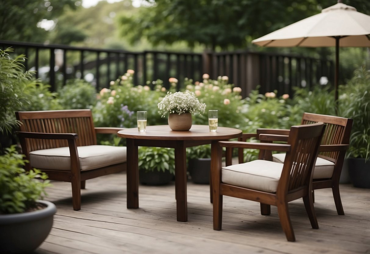 A cozy outdoor space with ironwood furniture, surrounded by lush greenery and blooming flowers. A small table with comfortable chairs invites relaxation and outdoor gatherings